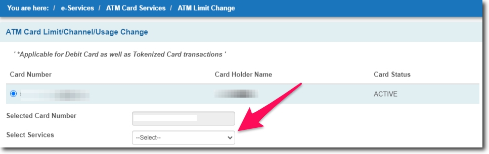 Select ATM Limit Change Drop Down menu