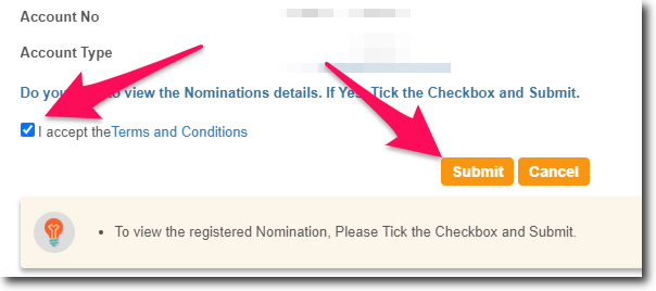 Accept the Terms and Conditions to View the Nomination Details of Your SBI Account