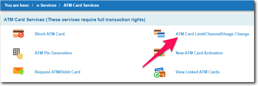 Click on ATM Card Limit Change in SBI Online