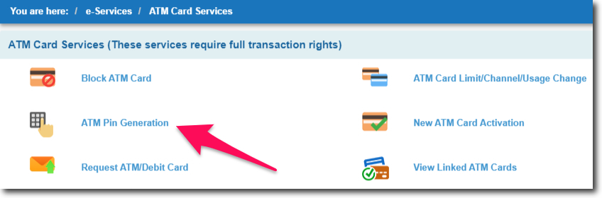 Click on ATM PIN Generation in SBI Online