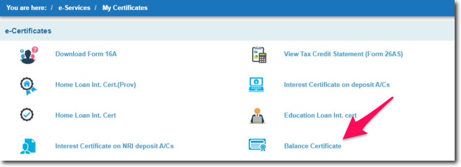 Click on Balance Certificate in SBI Online