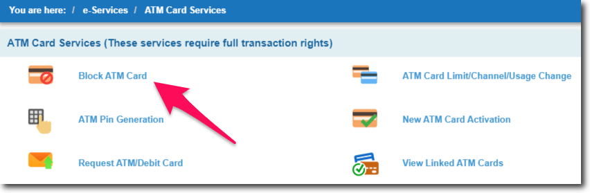 Click on Block ATM Card in the ATM Card Services Menu in SBI Online