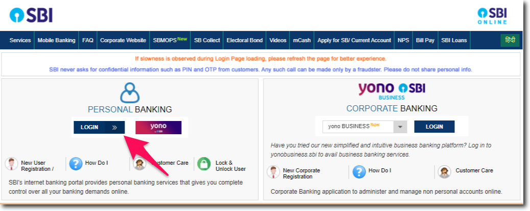 Click on the Login Button on Homepage of SBI Online