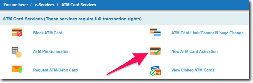 Click on New ATM Card Activation in SBI Online