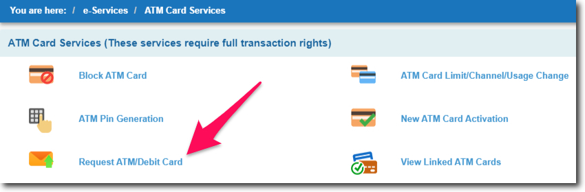 Click on Request ATM/Debit Card option in SBI Online