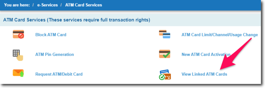 Click on View Linked ATM Cards in SBI Online