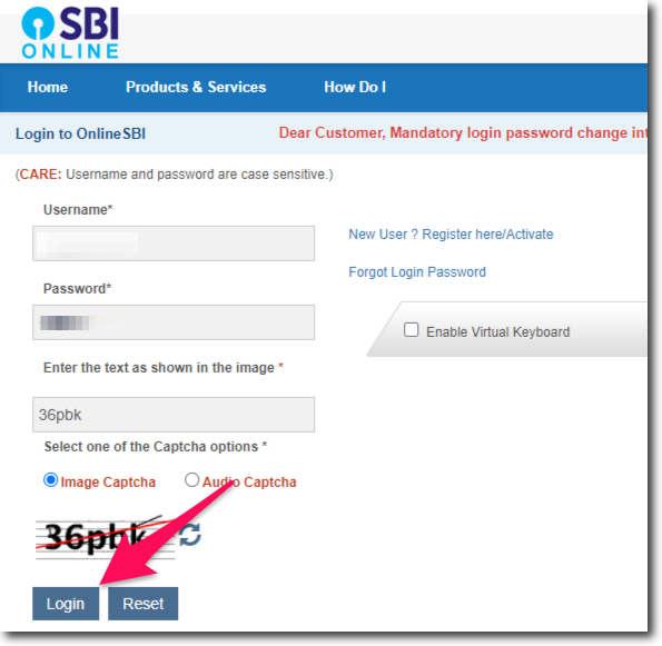 Enter Your Internet Banking Account Details and Click on the Login Button