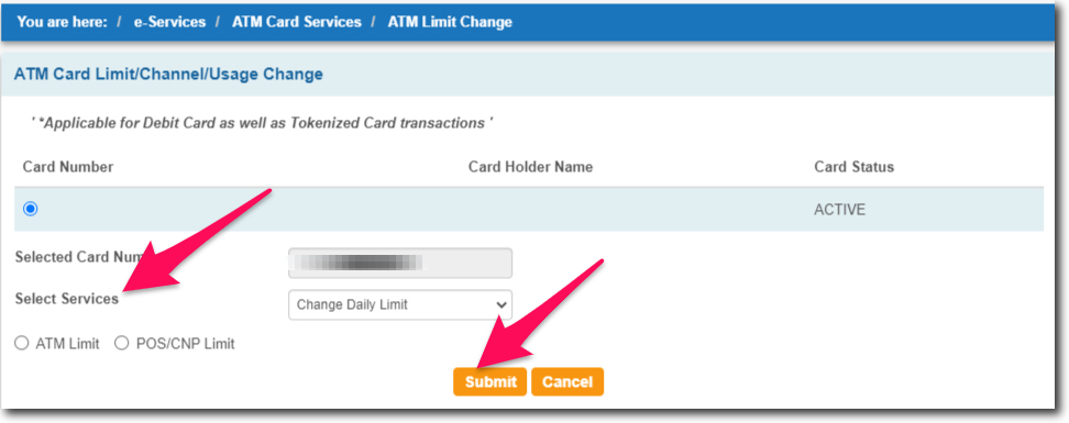 Select ATM Limit or POS Limit in SBI Online