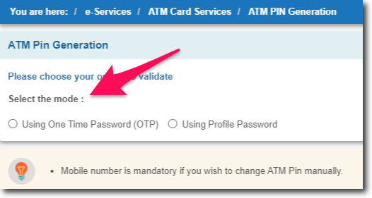 Select Mode of PIN Generation - SBI Online