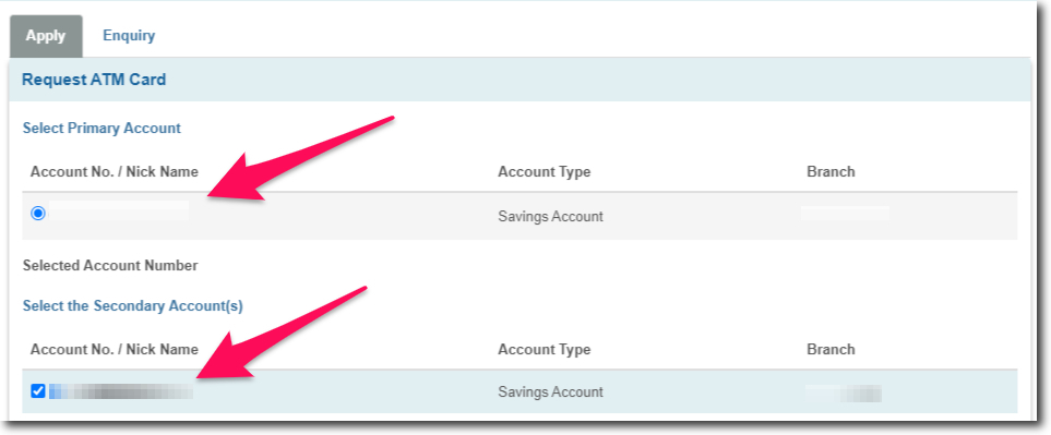 Select Primary and Secondary Account for a New ATM Card