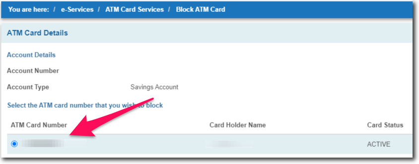 Select the ATM Card to be Blocked in the ATM Card Services Menu in SBI Online