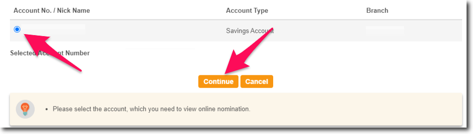 Select the Bank Account Number and Click on the Continue Button