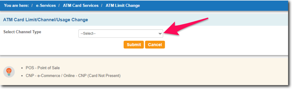 ATM Channel Type Selection Drop-down menu in SBI Online