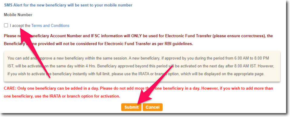 Accept the Terms and Click on the Submit button to add the Beneficiary