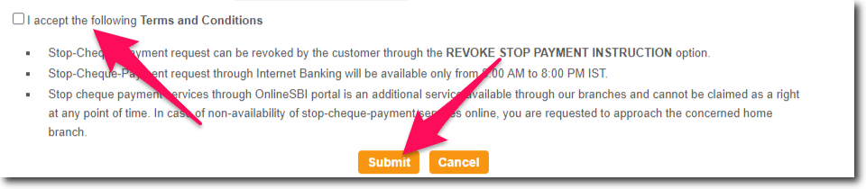 Agree the terms to stop the cheque payment in SBI Online