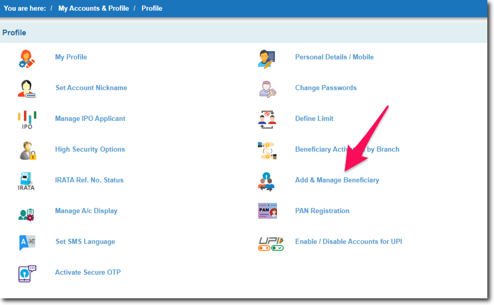 Click on Add & Manage Beneficiary in SBI Online