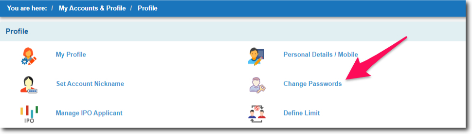 Click on Change Passwords in SBI Online