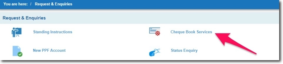 Click on Cheque Book Services in SBI Online