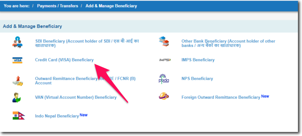 Click on Credit Card (VISA) Beneficiary