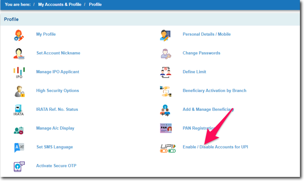 Click on Enable or Disable UPI in SBI Online