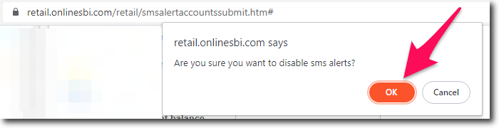 Click on Ok to Disable SMS Alerts