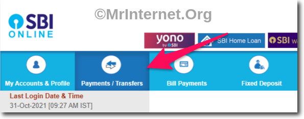 Click on Payments / Transfer in SBI Online