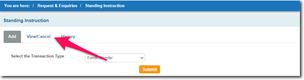 Click on View or Cancel Standing Instructions in SBI Online