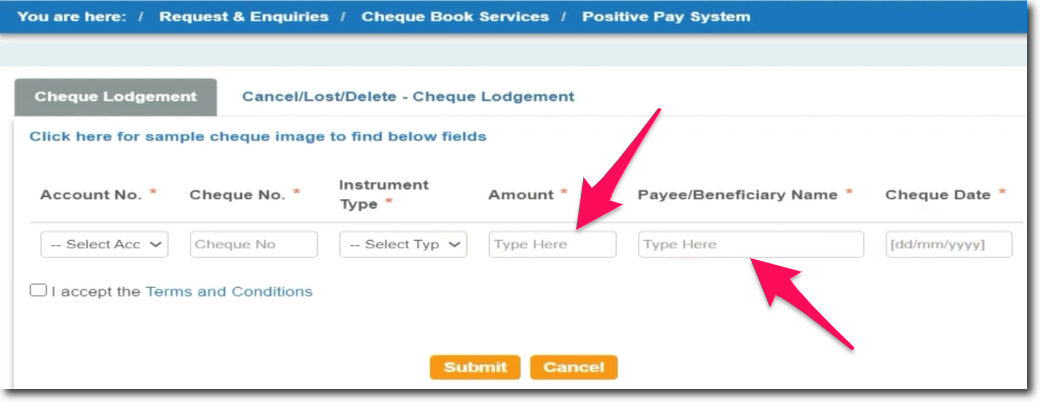 Enter Amount and Payee Name of the Cheque