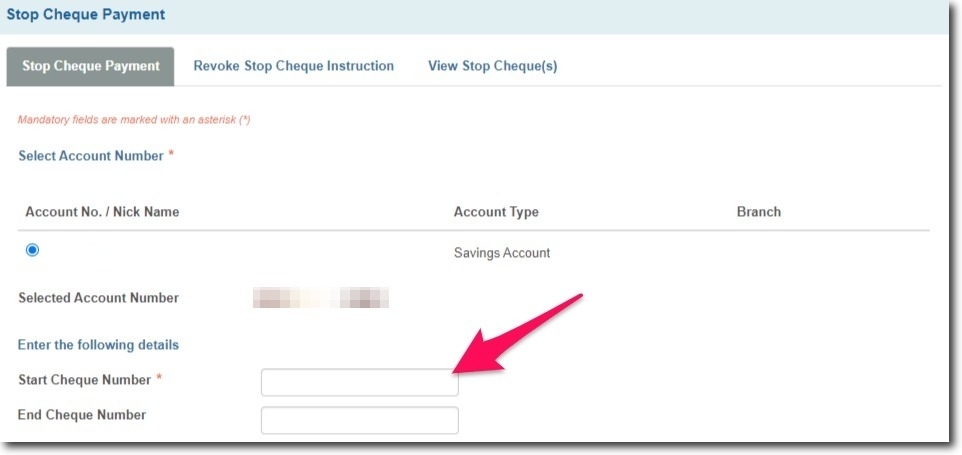 Enter Cheque Number to Stop the Payment