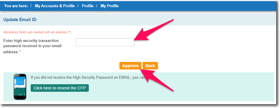Enter OTP Received via Email and Click on Approve Button in SBI Online