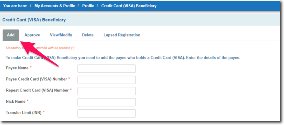 Enter the Credit Card Details to Add Beneficiary