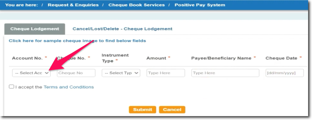 Select Account Number for SBI Positive Pay