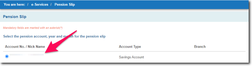 Select Account Number of Pension Account