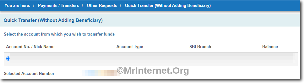 Select Account Number to Quick Transfer from SBI Online