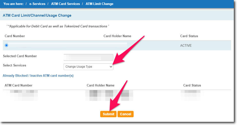 Select Change Usage Type in SBI Online
