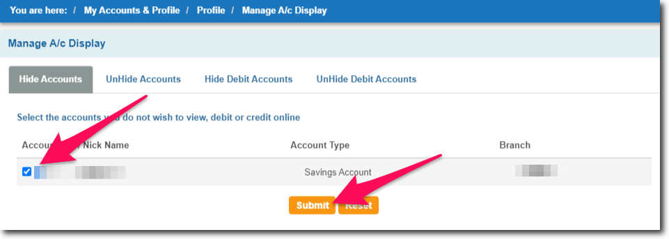 Select the Account to hide in SBI Internet Banking