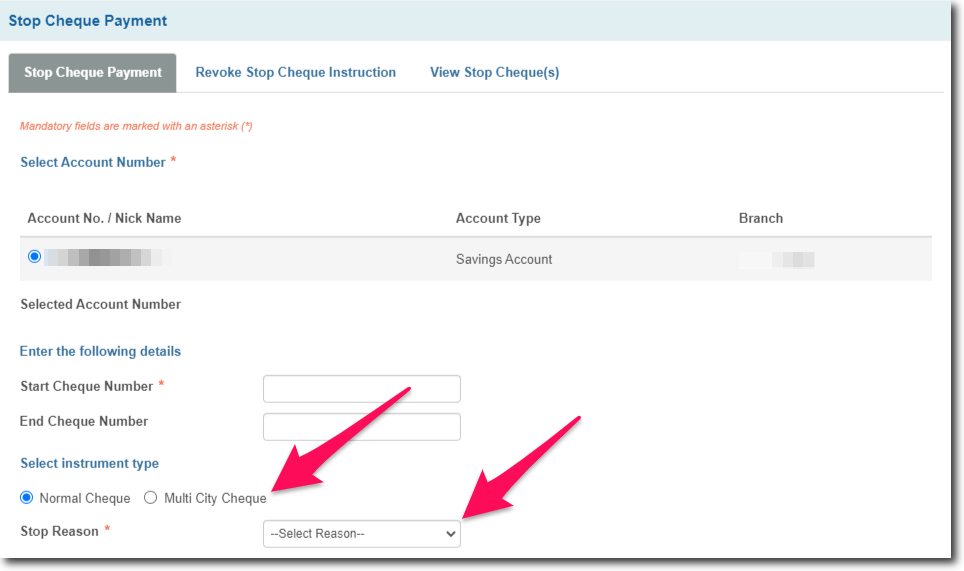 Select the Cheque Type and the Reason to Stop