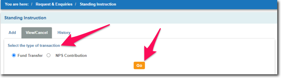 Select the type of Standing Instructions and Click on Go