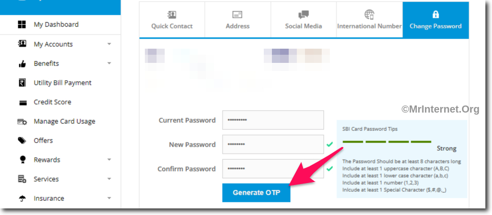Click on Generate OTP on SBI Card Website