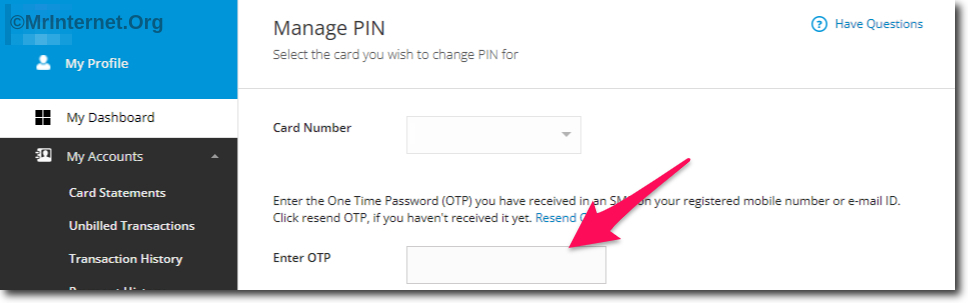 Enter OTP to Change PIN of SBI Card