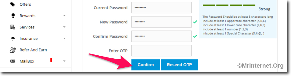 Enter OTP to Change SBI Card Password