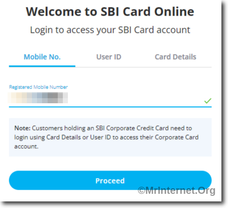 Login Page of SBI Card Website
