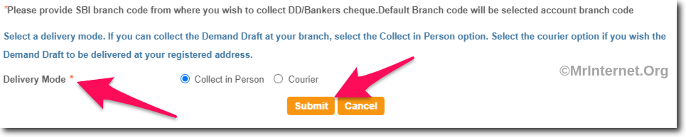 Select DD Delivery Mode in SBI Online